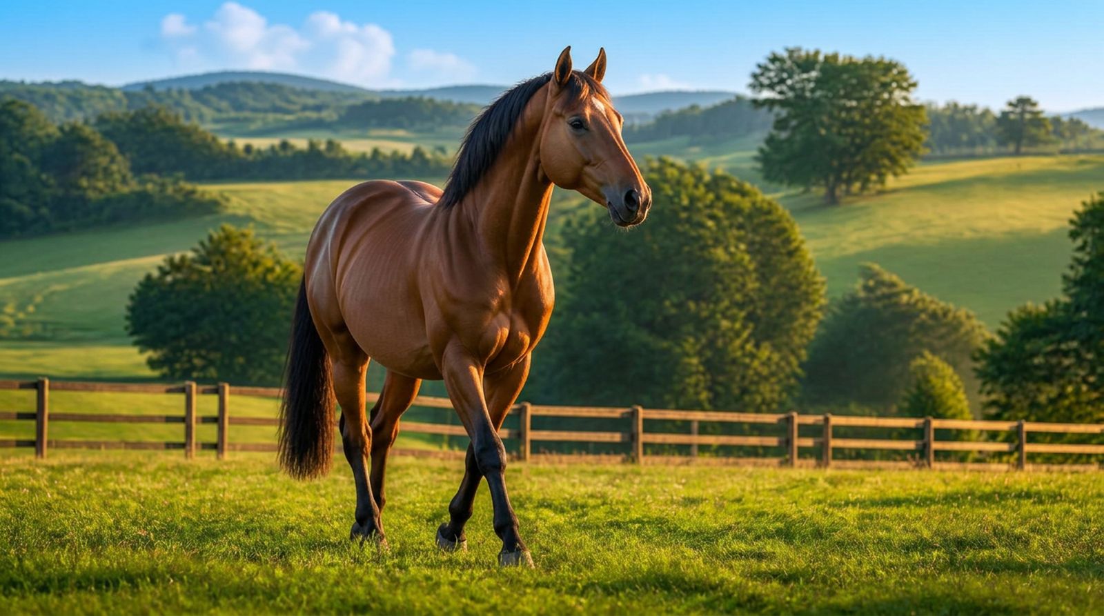 A sport horse in a misty green pasture at sunrise