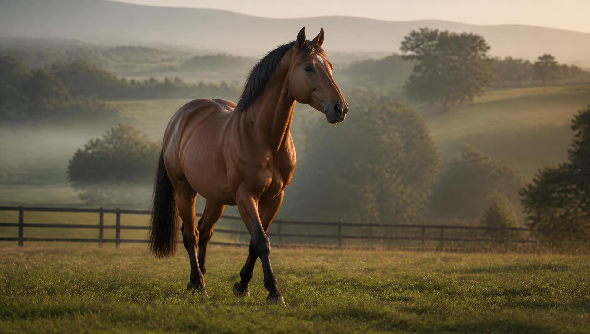 A majestic sport horse in a misty green pasture at sunrise